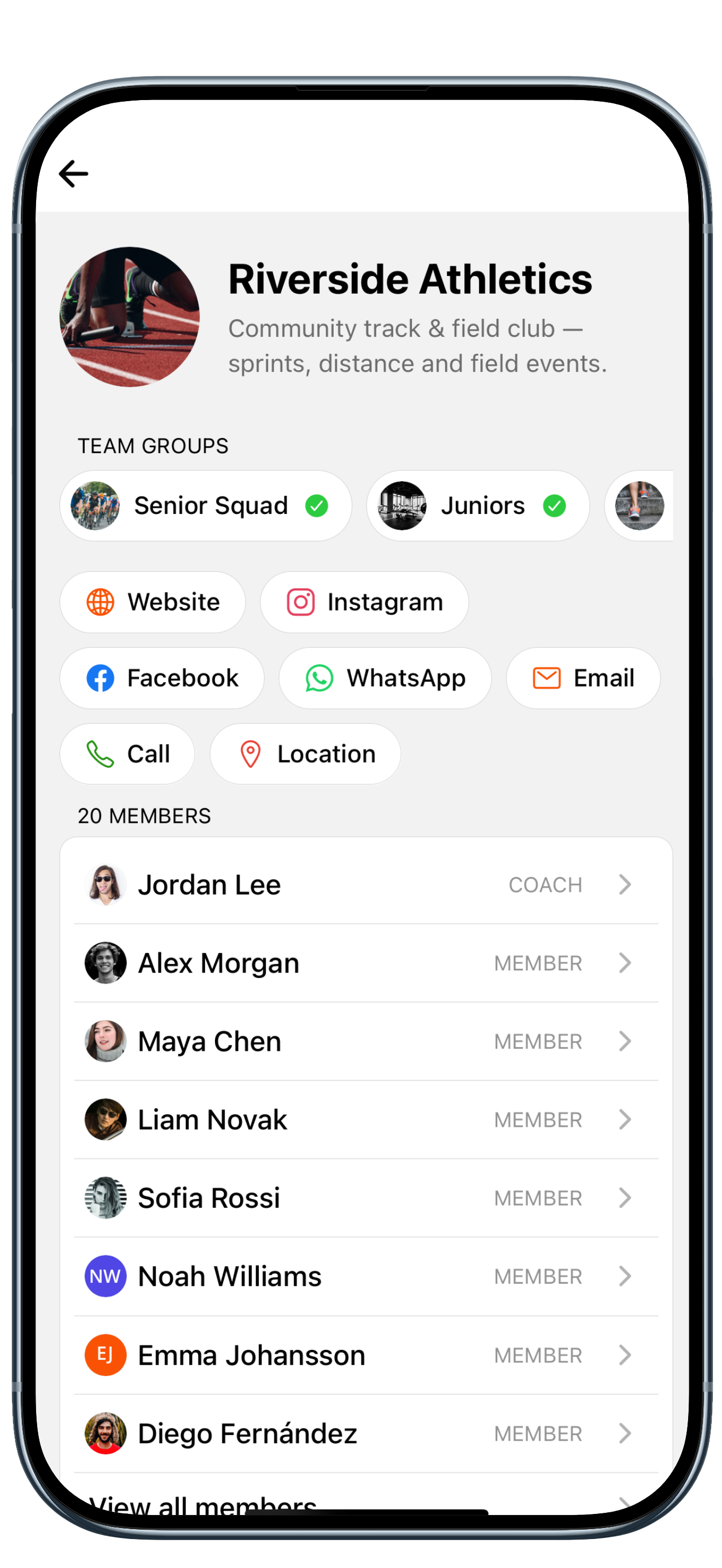 The TeamCheck team page showing groups, contact links and the member list